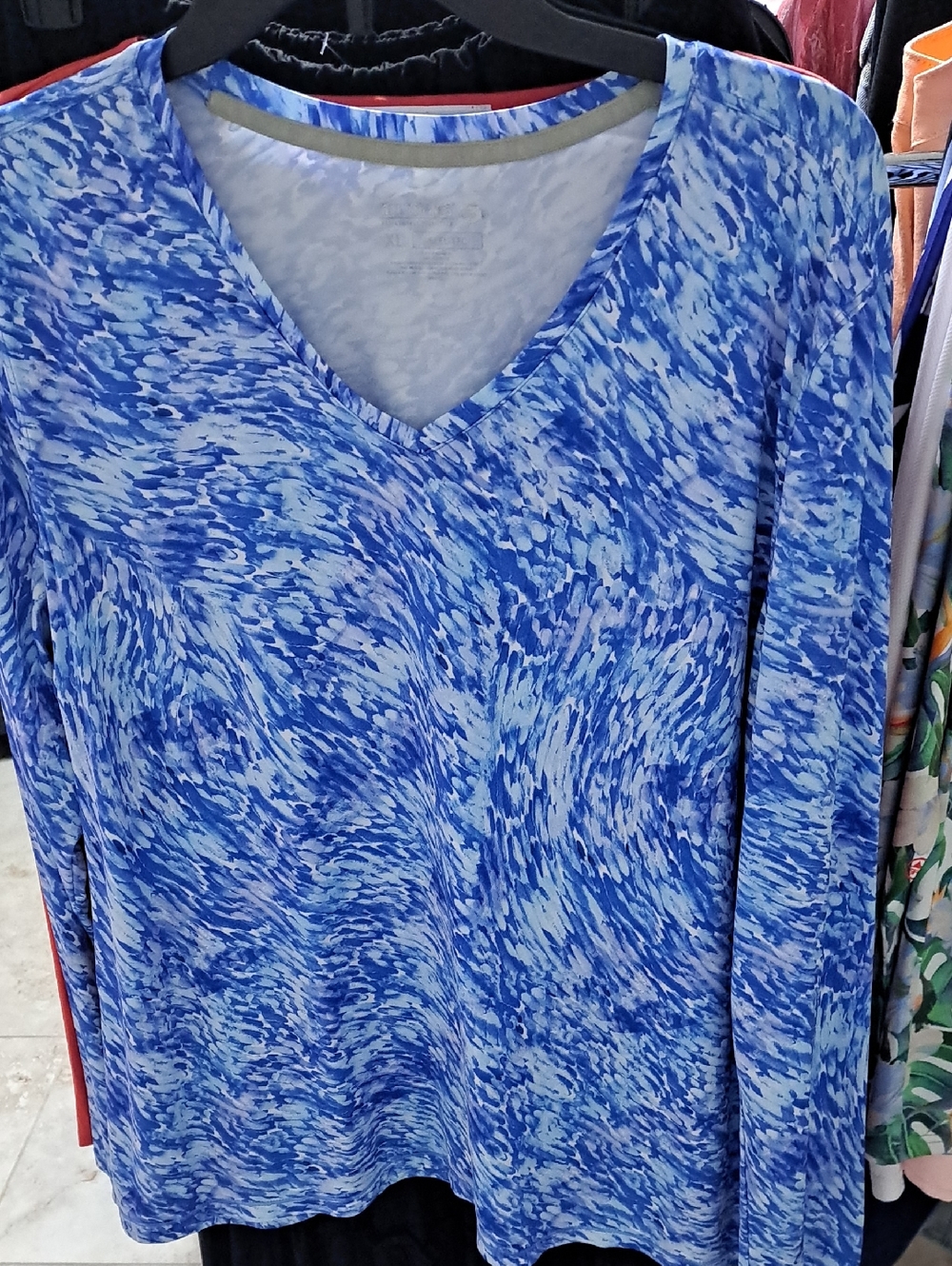 Reel Legends Blue and White V-Neck Long Sleeve Top